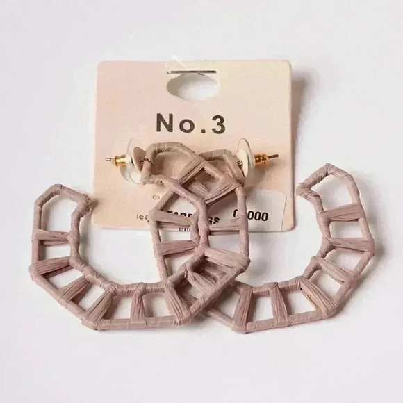 Geo Octagon Raffia Light Brown Hoop Earrings - Picture 2 of 2